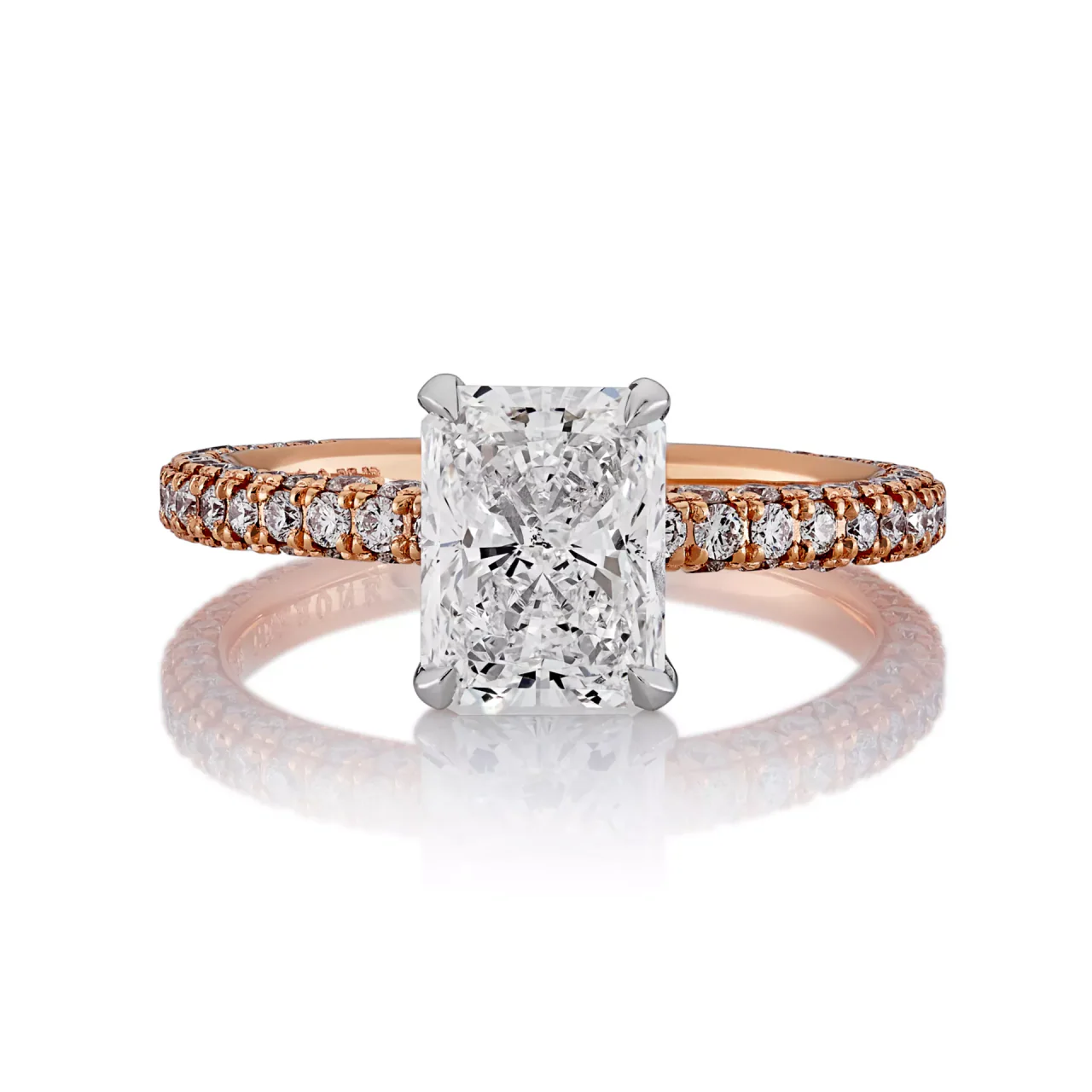 RAVELLO - 18ct rose and white going radiant and round brilliant cut pave set diamond engagement ring