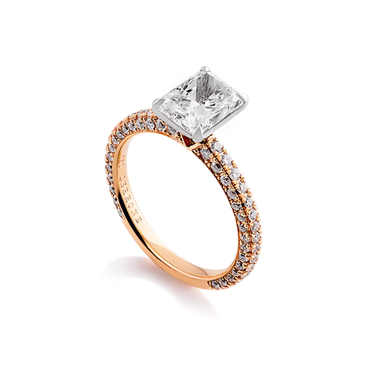 RAVELLO - 18ct rose and white going radiant and round brilliant cut pave set diamond engagement ring - Image 2