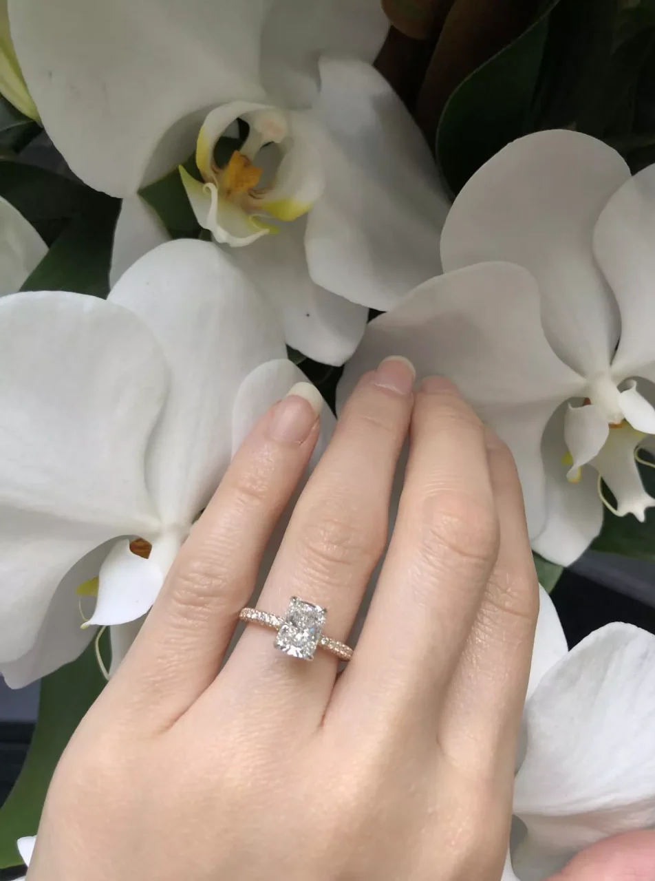 RAVELLO - 18ct rose and white going radiant and round brilliant cut pave set diamond engagement ring - Image 3