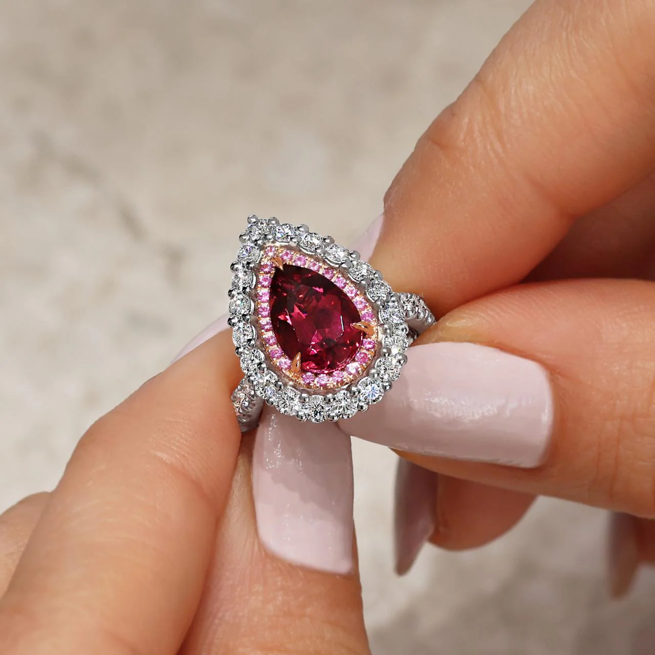 18ct rose gold and platinum  1.90ct pear shaped rubelite, pink sapphires and diamond ring - Image 2