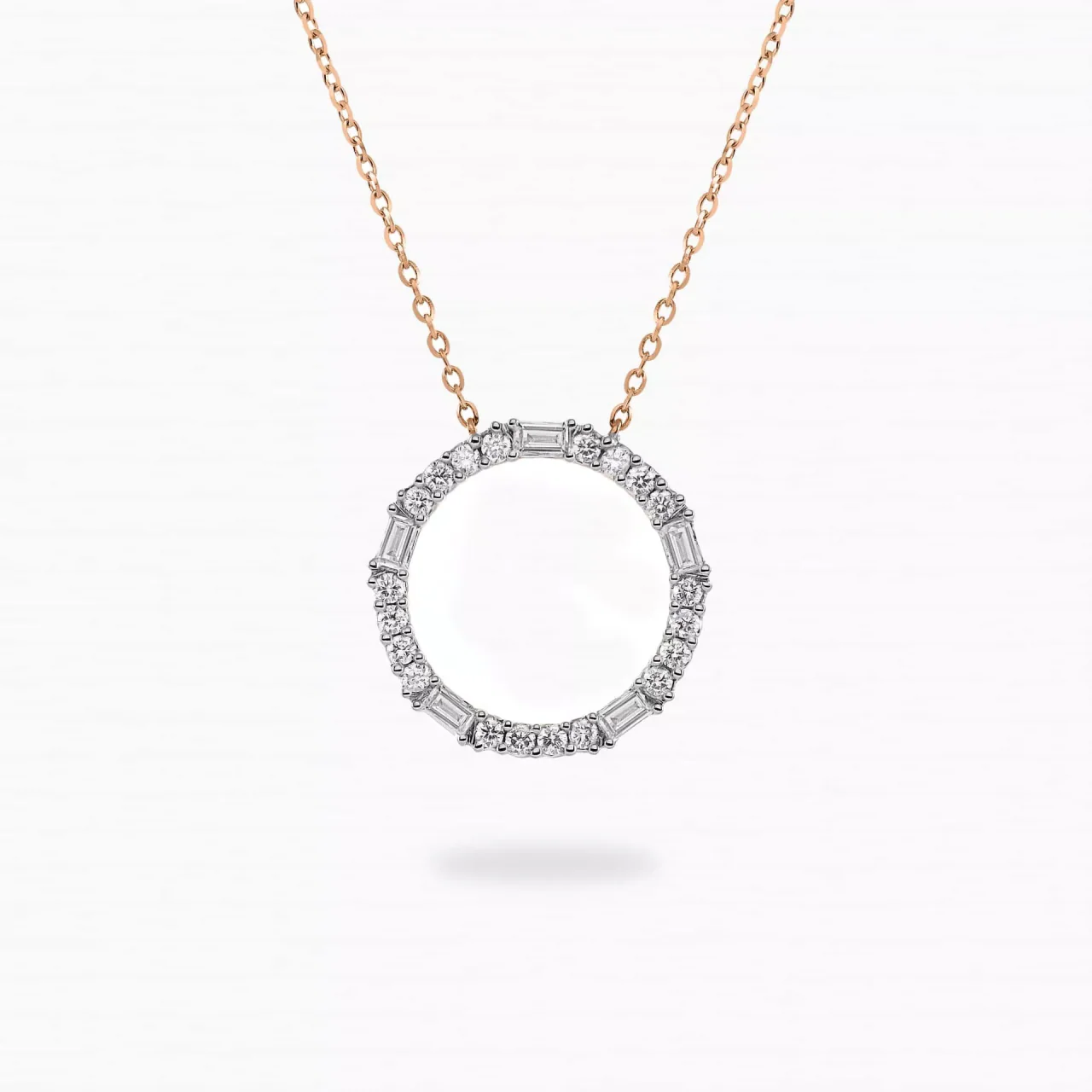 18ct rose gold baguette and round diamond circle necklace