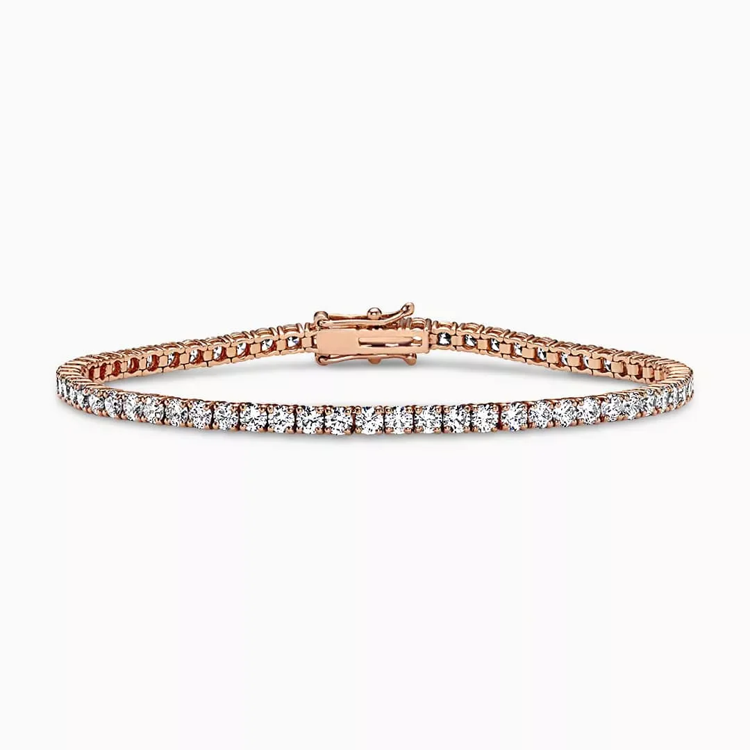 18ct rose gold LAB Grown 45=9.57ct DEF VVS1 round brilliant cut Diamond tennis bracelet in a four claw setting