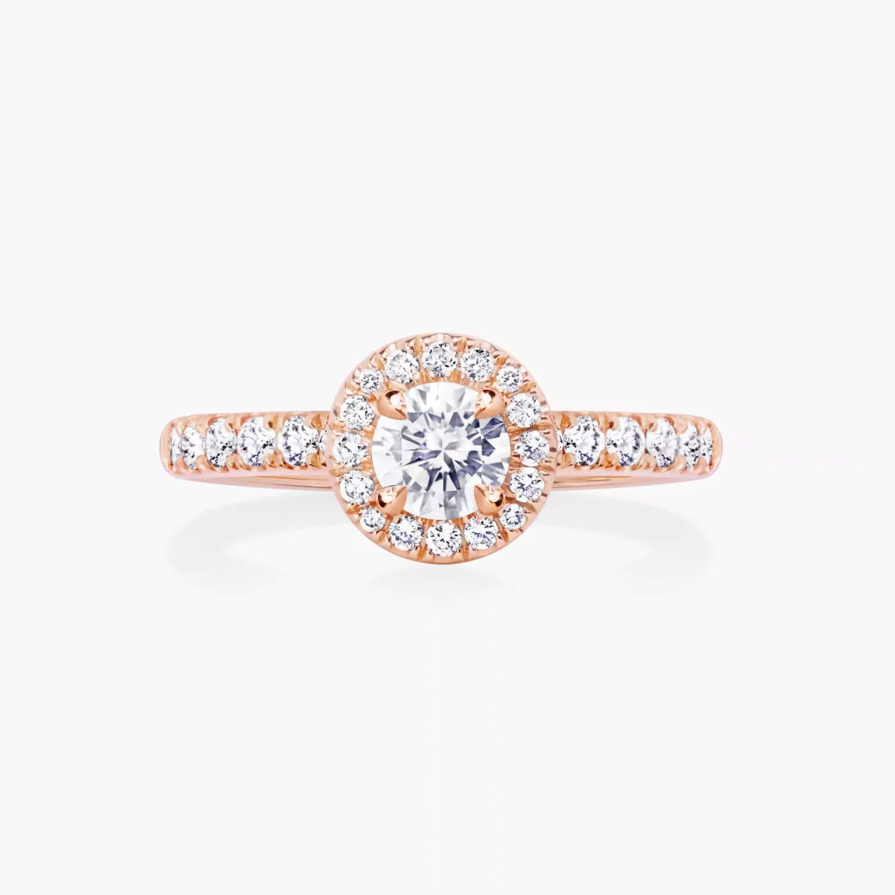18ct rose gold round brilliant cut diamond halo engagement ring