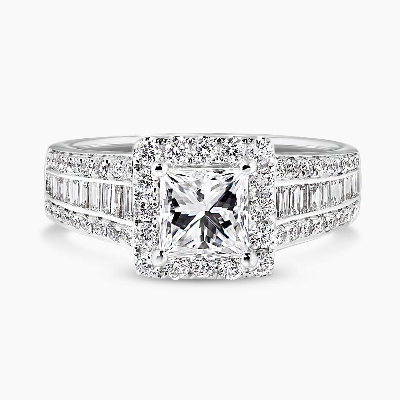 18ct white gold 1.05ct princess cut diamond engagement ring with baguette and round brilliant cut diamonds
