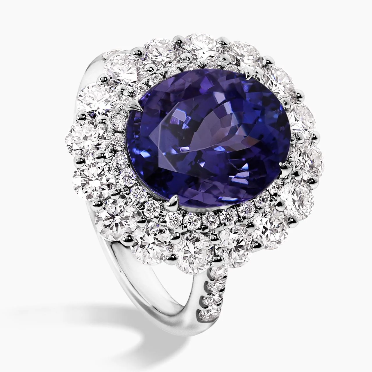 18ct white gold 5.38ct tanzanite and round brilliant cut diamond claw set double halo ring - Image 2