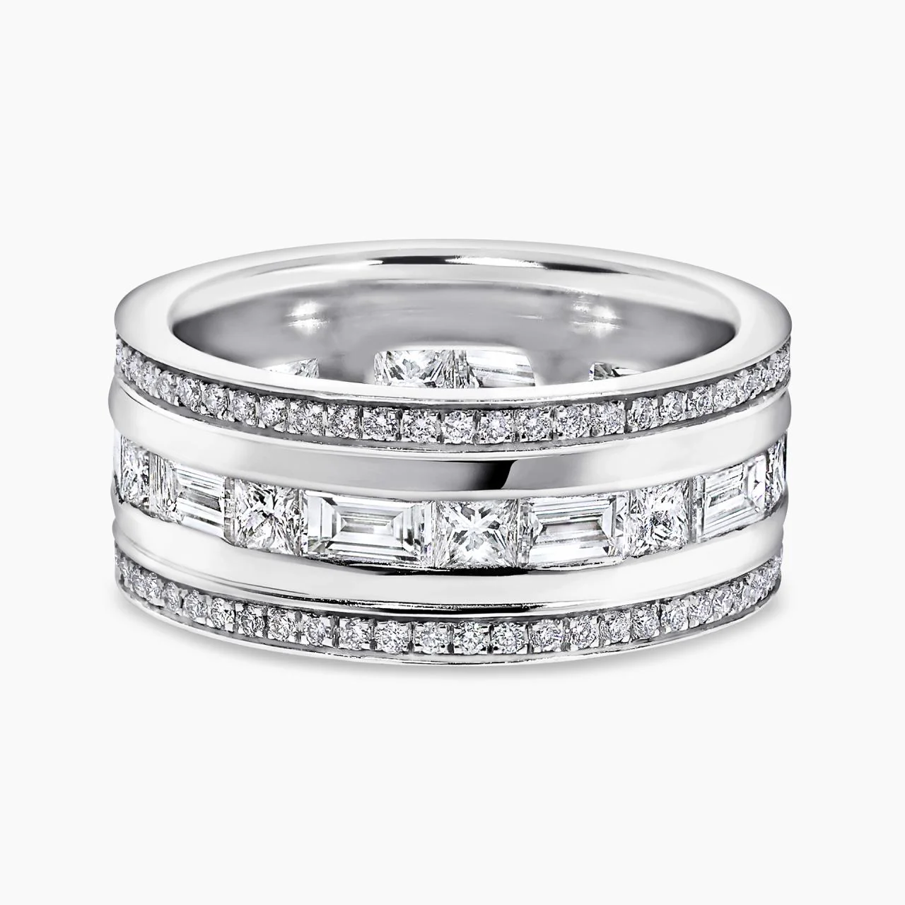 18ct White Gold Baguette, Princess and Round brilliant cut Diamonds Ladies Dress Ring