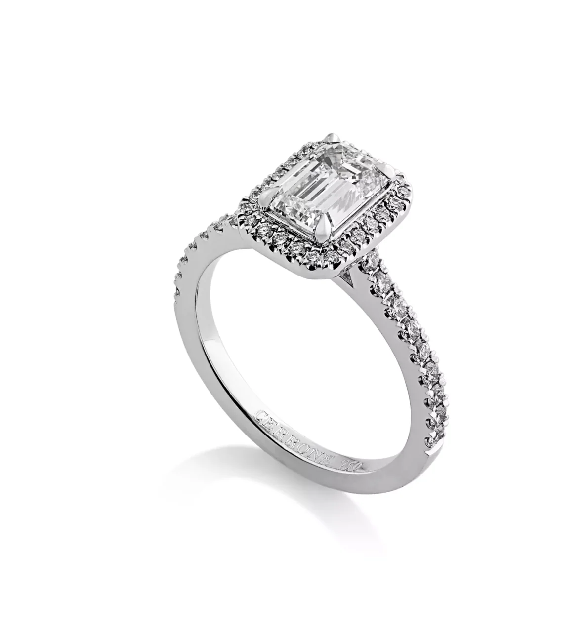 VERNAZZA UPSWEPT - 18ct white gold emerald and round brilliant cut diamond halo engagement ring - Image 2
