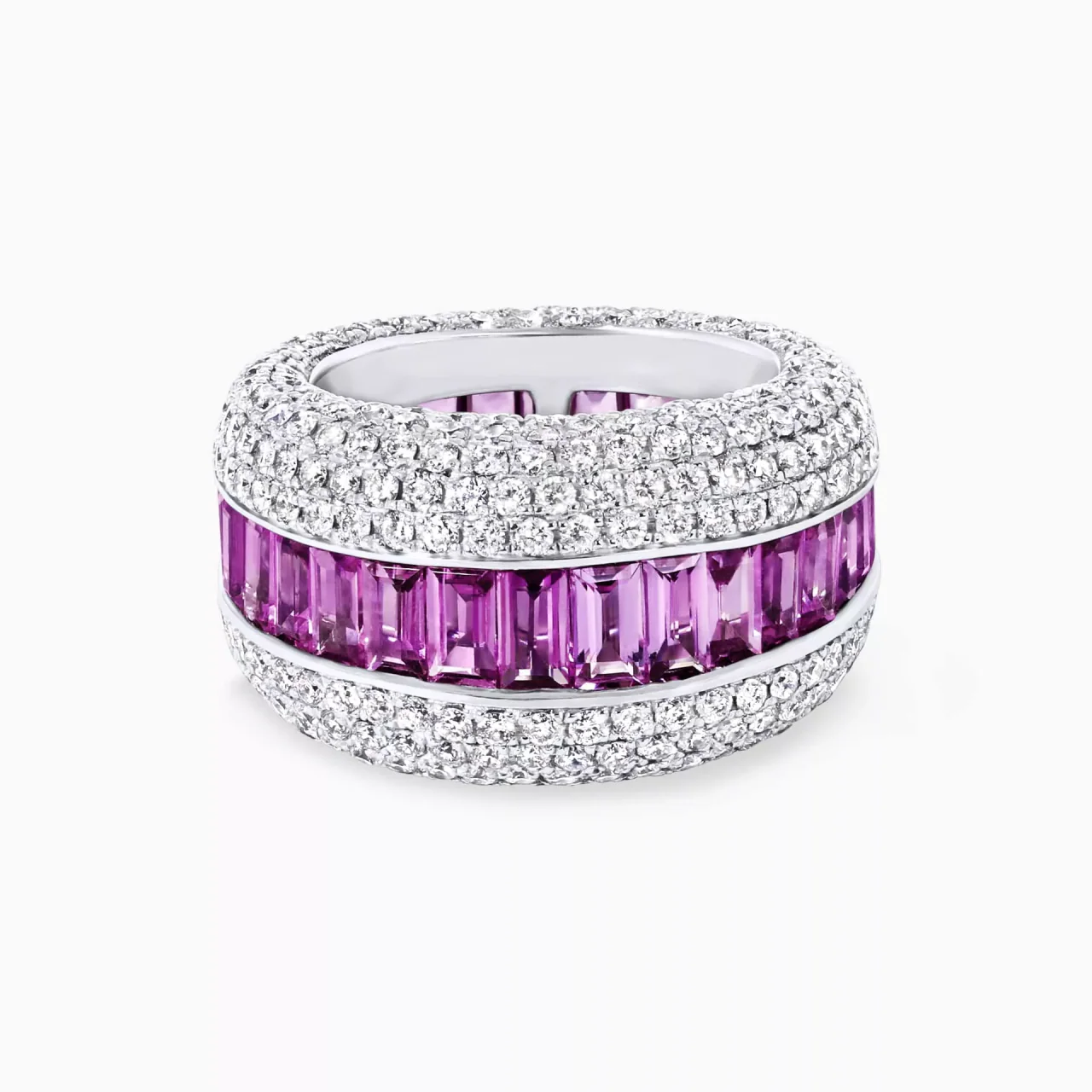 18ct white gold graduated emerald cut pink sapphire and pave set round brilliant cut diamond dress ring