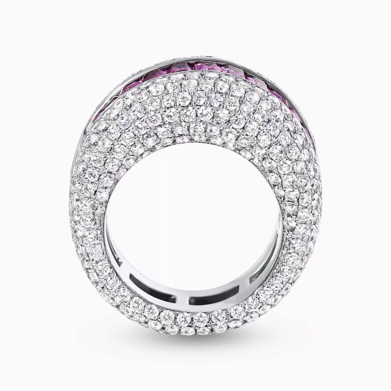 18ct white gold graduated emerald cut pink sapphire and pave set round brilliant cut diamond dress ring - Image 2