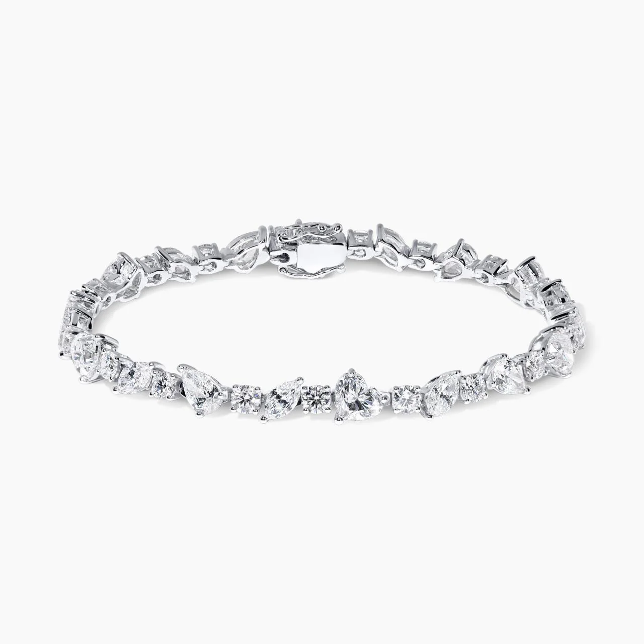 18ct white gold heart round marquise & pear cut diamonds tennis bracelet