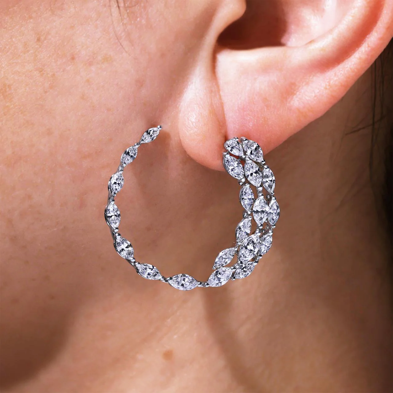 18ct white gold pear and marquise shaped diamond hoop earrings - Image 2