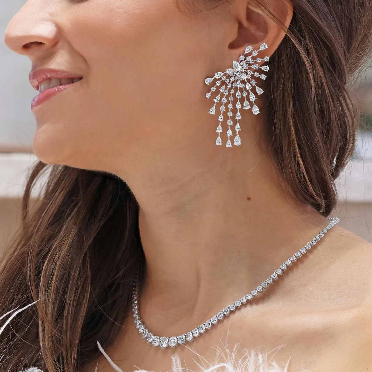 Illuminare - 18ct white gold pear and round brilliant cut diamond fancy drop earrings - Image 2