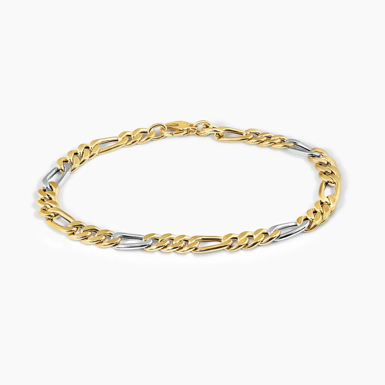 18ct yellow and white gold 21cm diamond cut figaro link bracelet