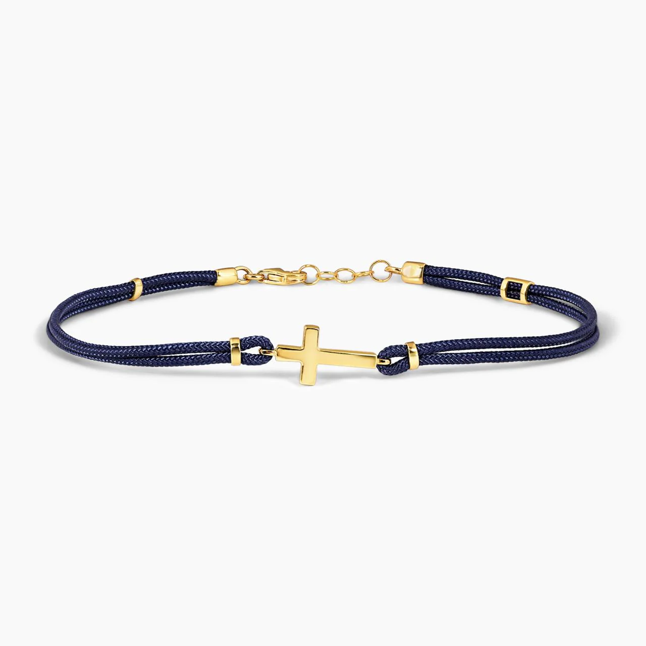 18ct yellow gold cross navy cotton rope bracelet 20cm