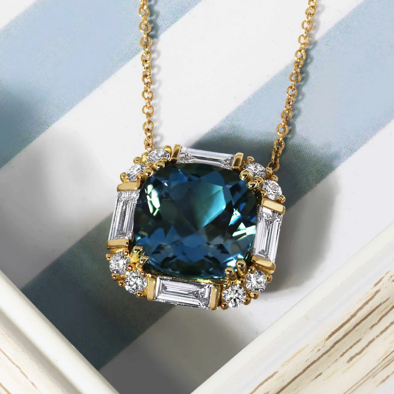 18ct yellow gold cushion cut london blue topaz and diamond necklace from the Hampton Collection - Image 3
