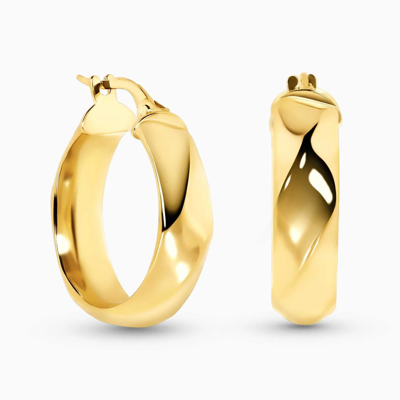 18ct yellow gold hollow faceted hoop earrings. 21mm