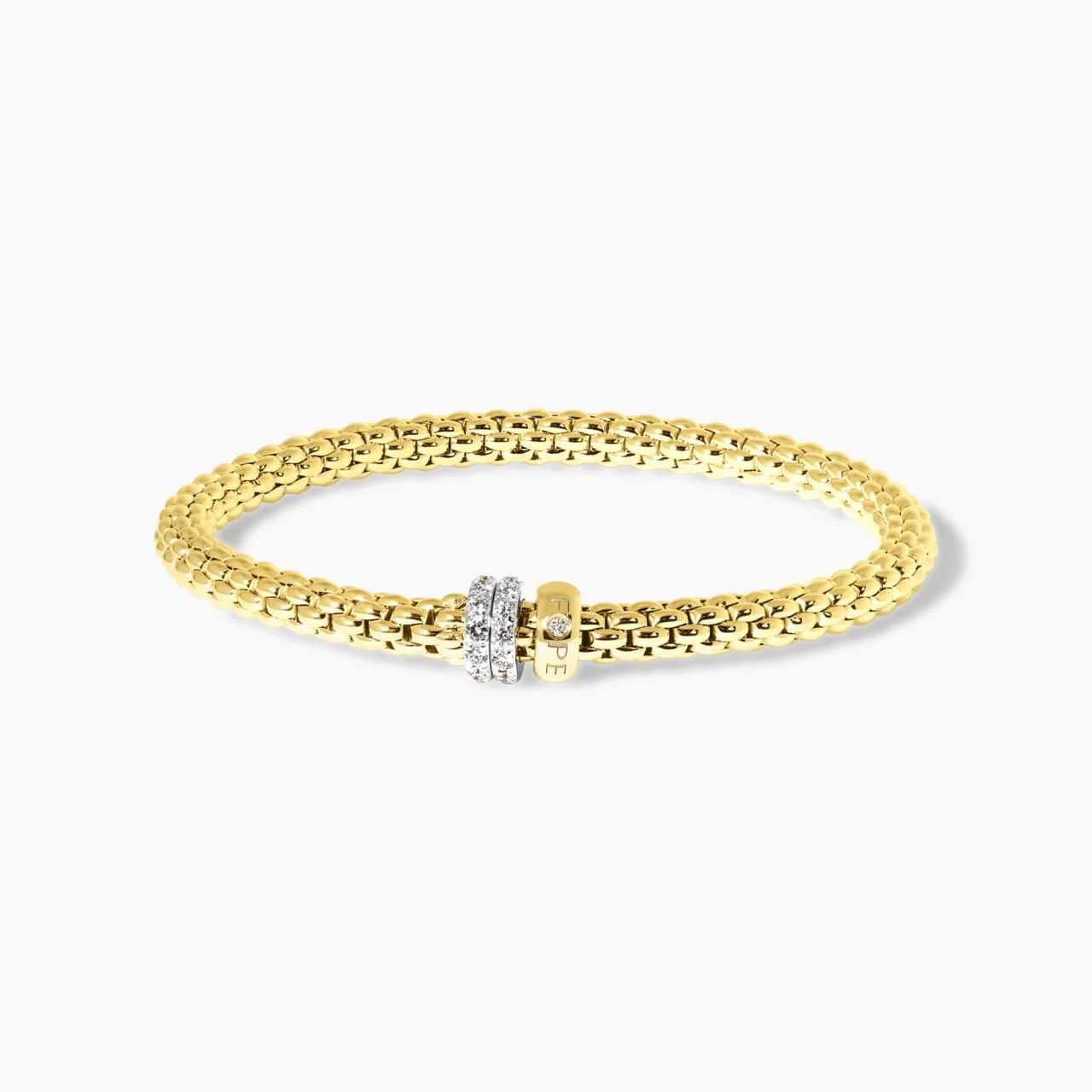 18ct yellow gold mesh 'FOPE' Solo Collection: Flex'it bracelet with two pave set rondels and one gold with drop set diamond rondel - Image 2