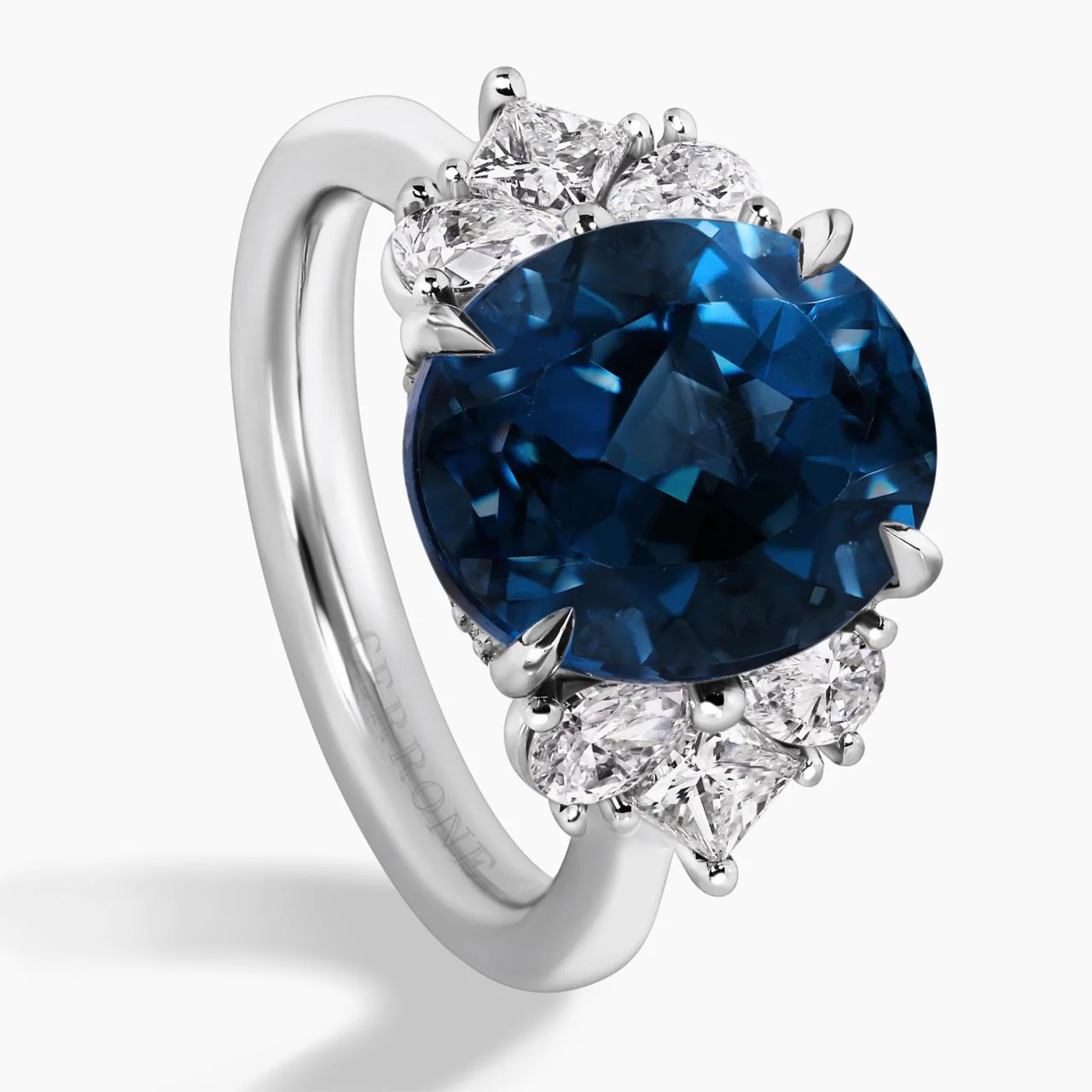 18ct white gold 6.09ct oval shape London blue topaz and diamond ring with pear, princess and round brilliant cut diamonds - Image 3