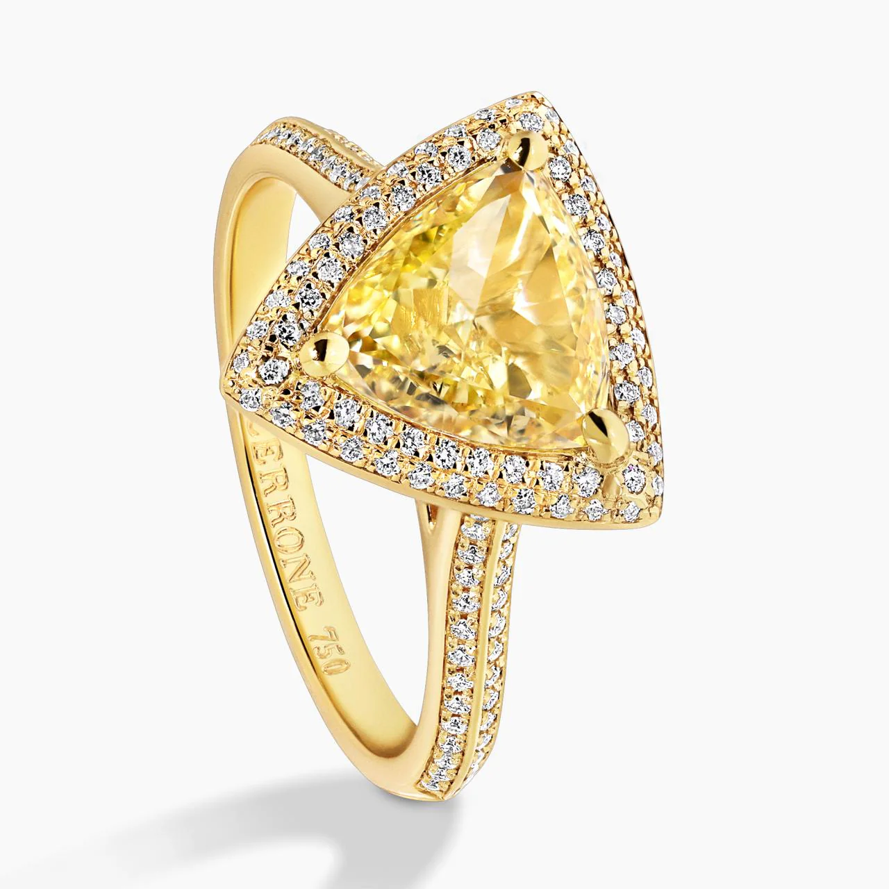 ETERNO - 18ct yellow gold 1.31ct Fancy Yellow trilliant cut and round brilliant cut diamond halo engagement ring - Image 3