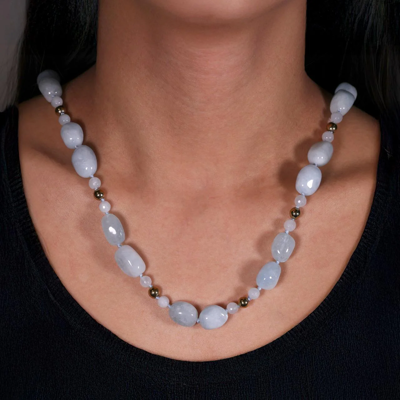 Long aquamarine and gold plated hematite necklace from Carmela Cerrone collection - Image 2
