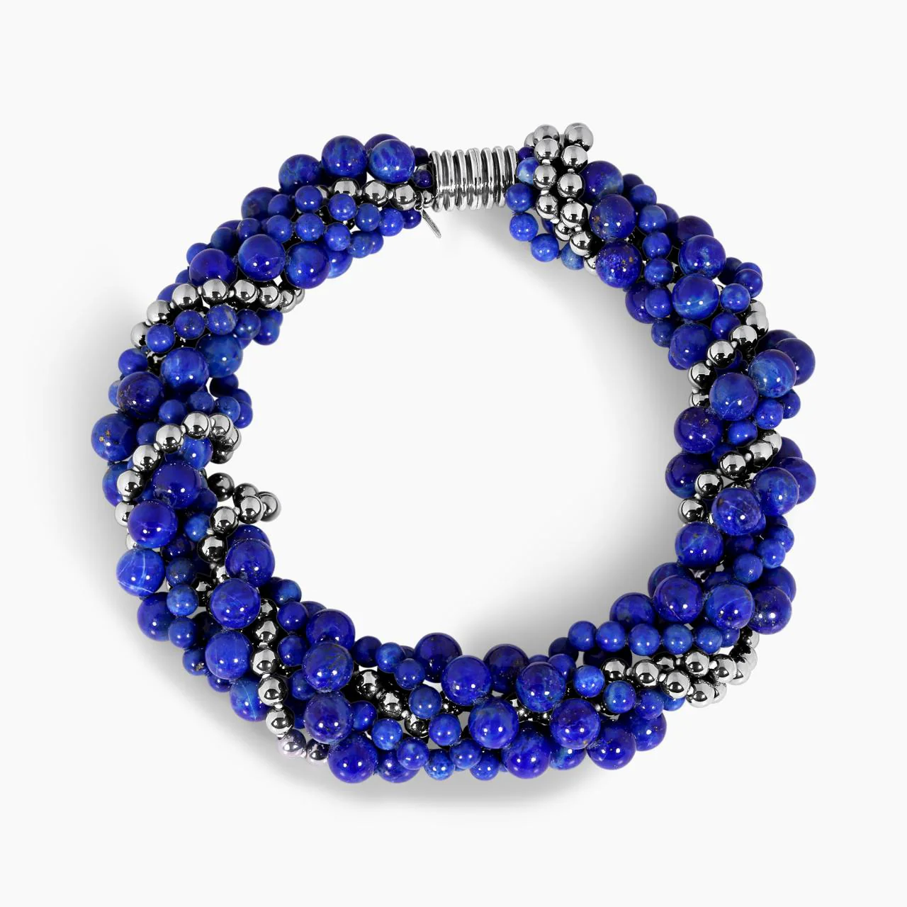 Blue lapis and silver plated hemitite beads bracelet ended with a silver magnetic clasp from the Carmela Cerrone Collection