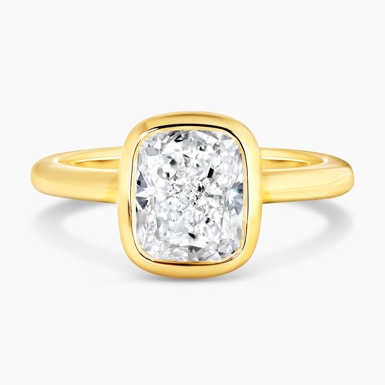 18ct yellow gold 2.11ct E VS1 cushion brilliant cut Lab Grown bezel set diamond engagement ring IGI certified