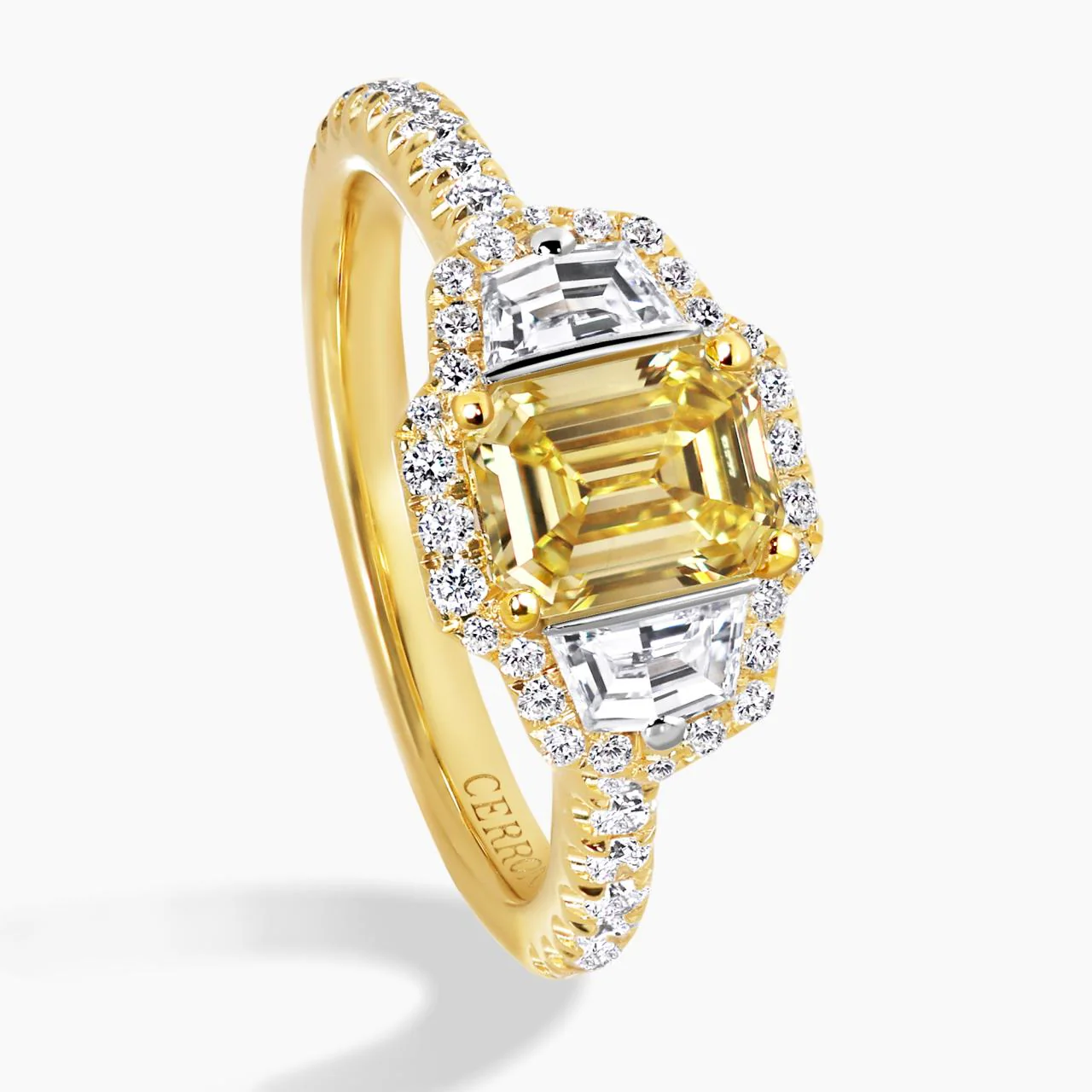 18ct yellow gold Fancy Intense Yellow emerald cut diamond engagement ring with cadillac step cut diamonds on the side - Image 3