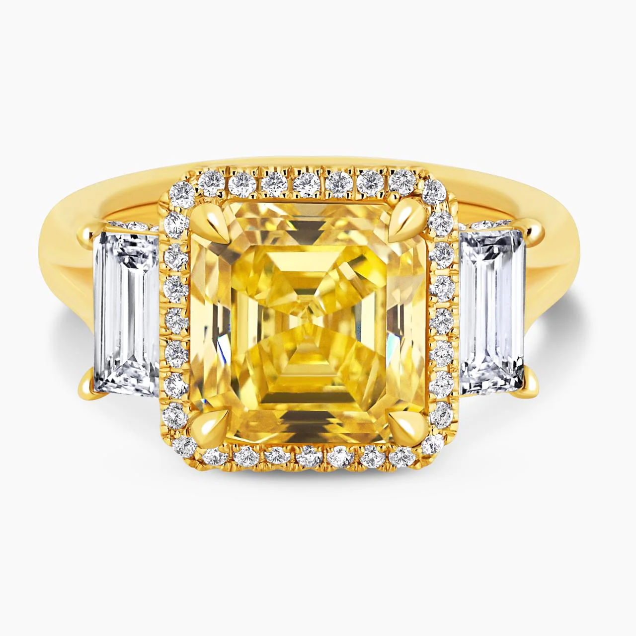 BACIO DI LUCE - 18ct yellow gold 4.03ct Fancy Vivid Yellow asscher cut diamond ring with baguette and round brilliant cut diamonds