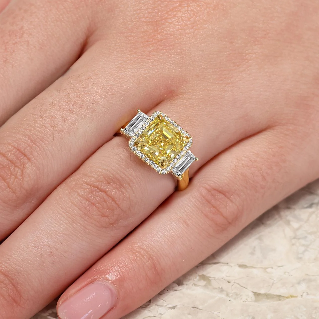 BACIO DI LUCE - 18ct yellow gold 4.03ct Fancy Vivid Yellow asscher cut diamond ring with baguette and round brilliant cut diamonds - Image 4
