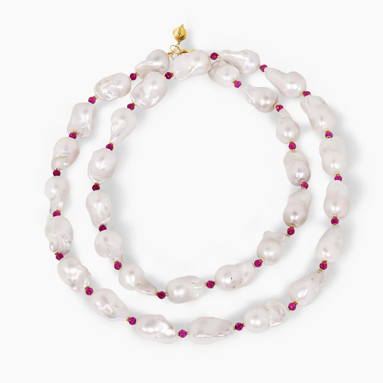Baroque freshwater pearls and rubellite beads necklace with gold-plated silver fittings from the Carmela Cerrone Collection