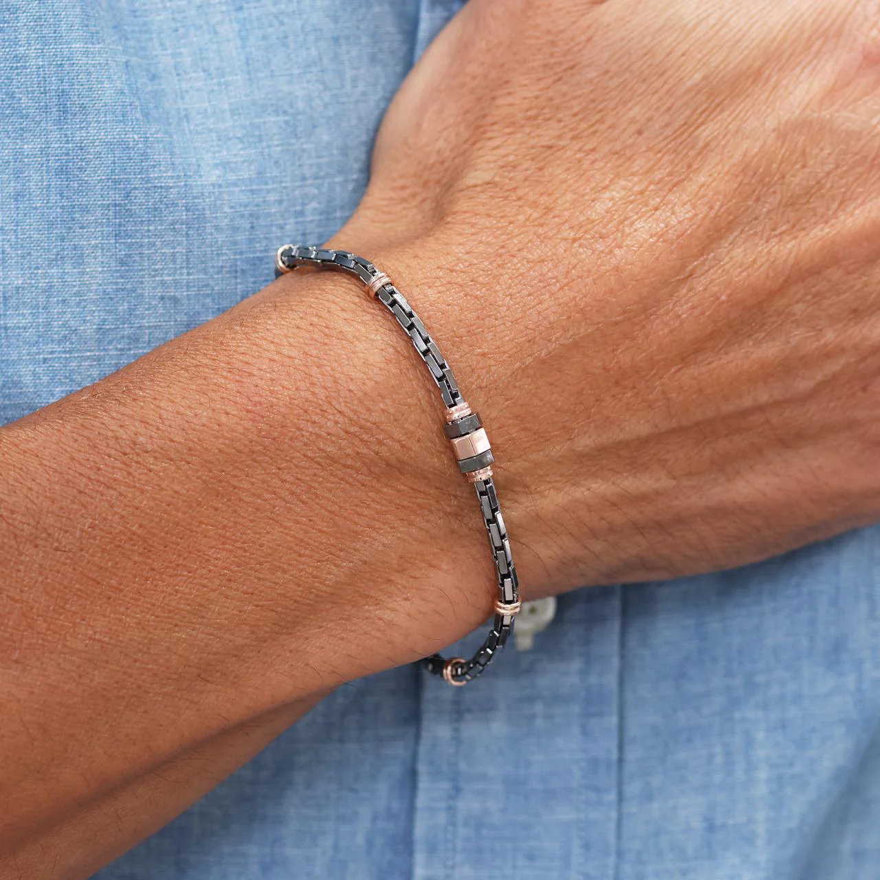 Bi-colour (Black Rhodium/ Rose gold) plated silver men's bracelet - Image 2
