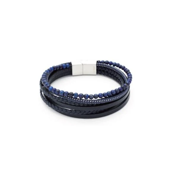 Blue Leather Multi Strand/Lapis Stainless Steel Mens Bracelet