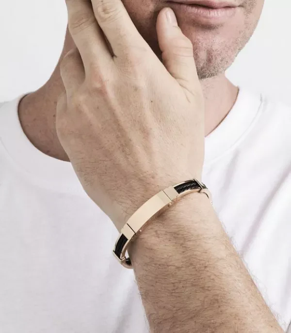 Polished Ion plated rose gold stainless steel platted double strand black leather bracelet - Image 6