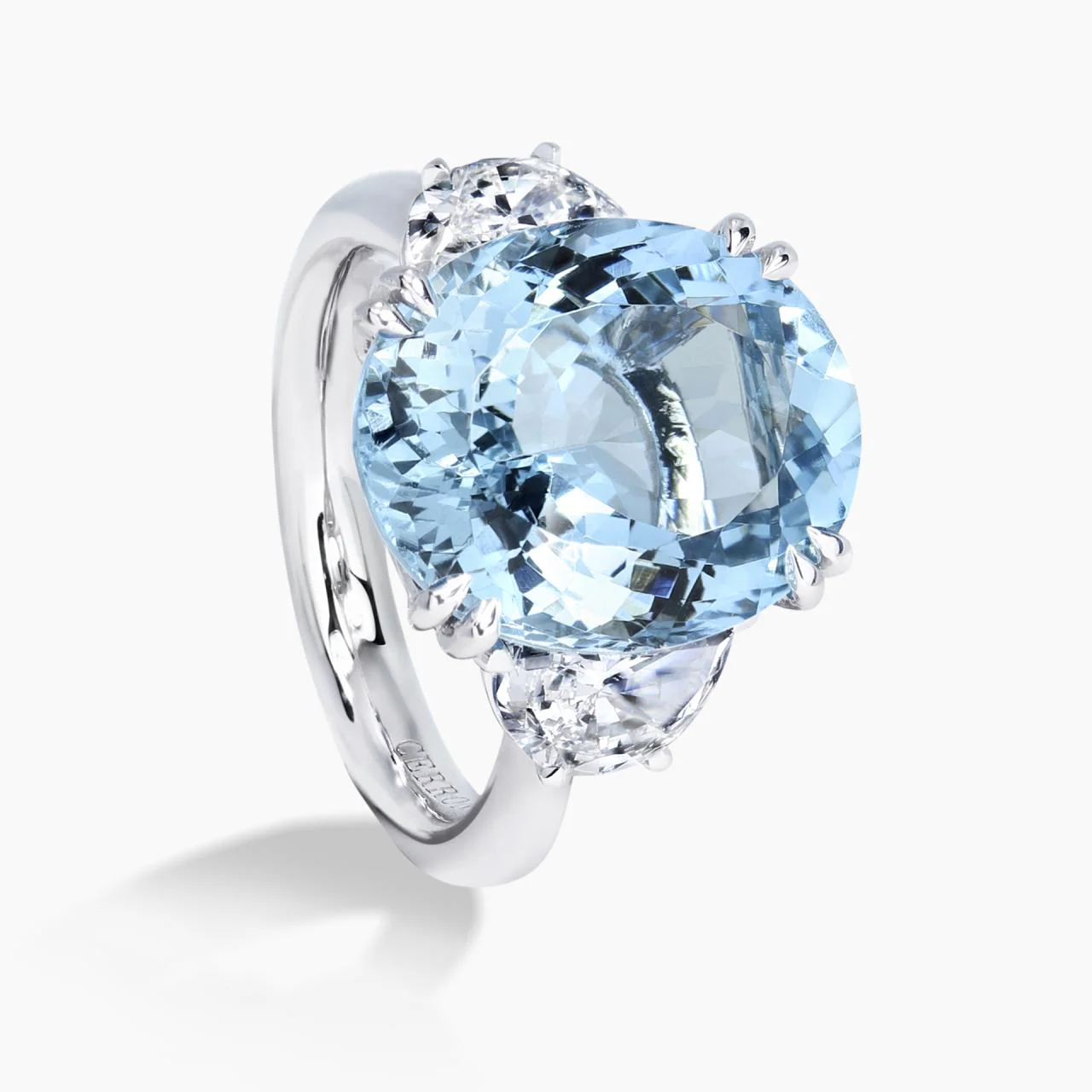 Portofino Blu - 18ct white gold 8.85ct oval aquamarine and half moon brilliant cut diamond ring - Image 2