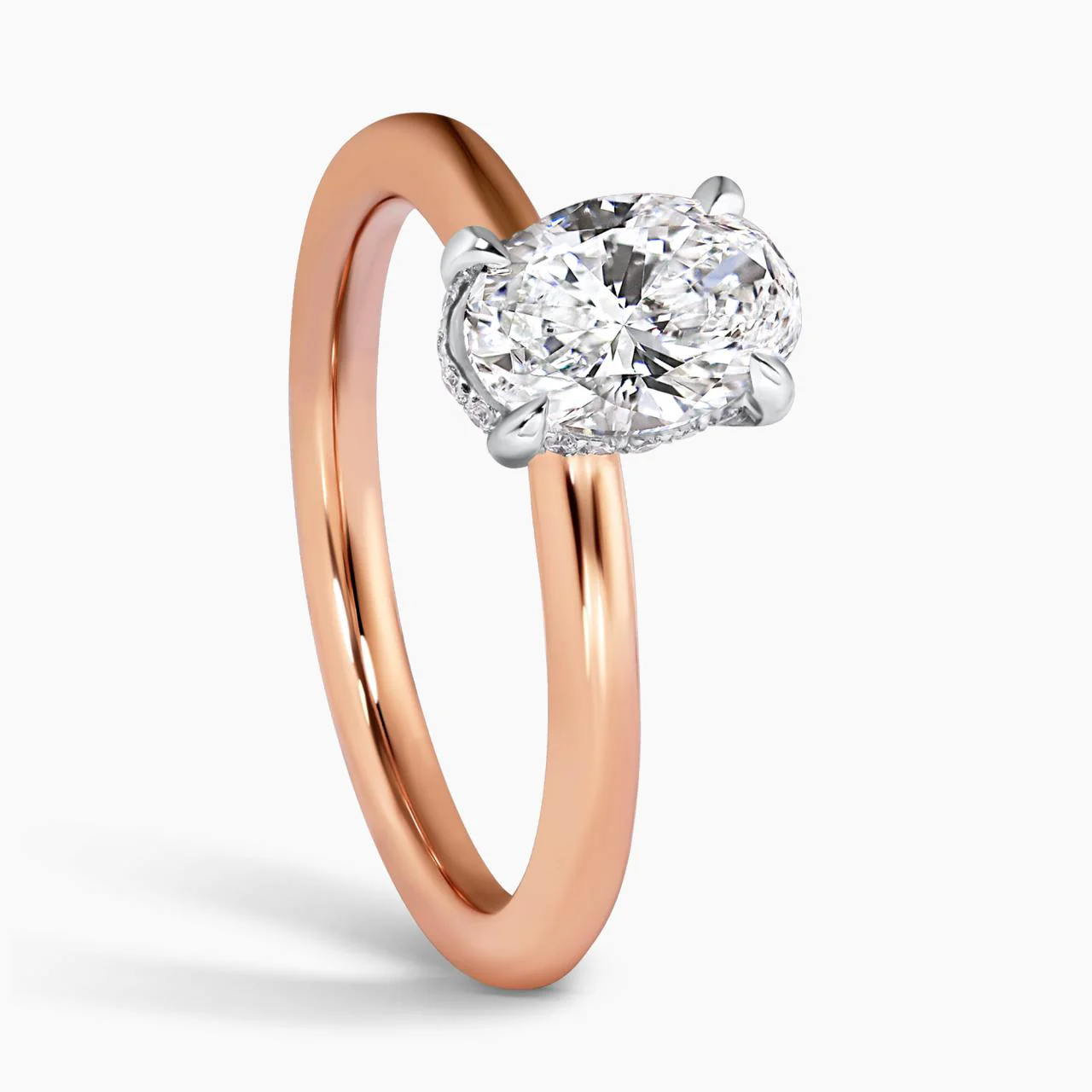 POSITANO DIA - 18ct rose and white gold 1.00ct GVS2 oval and round brilliant cut diamond hidden halo pinched band engagement ring