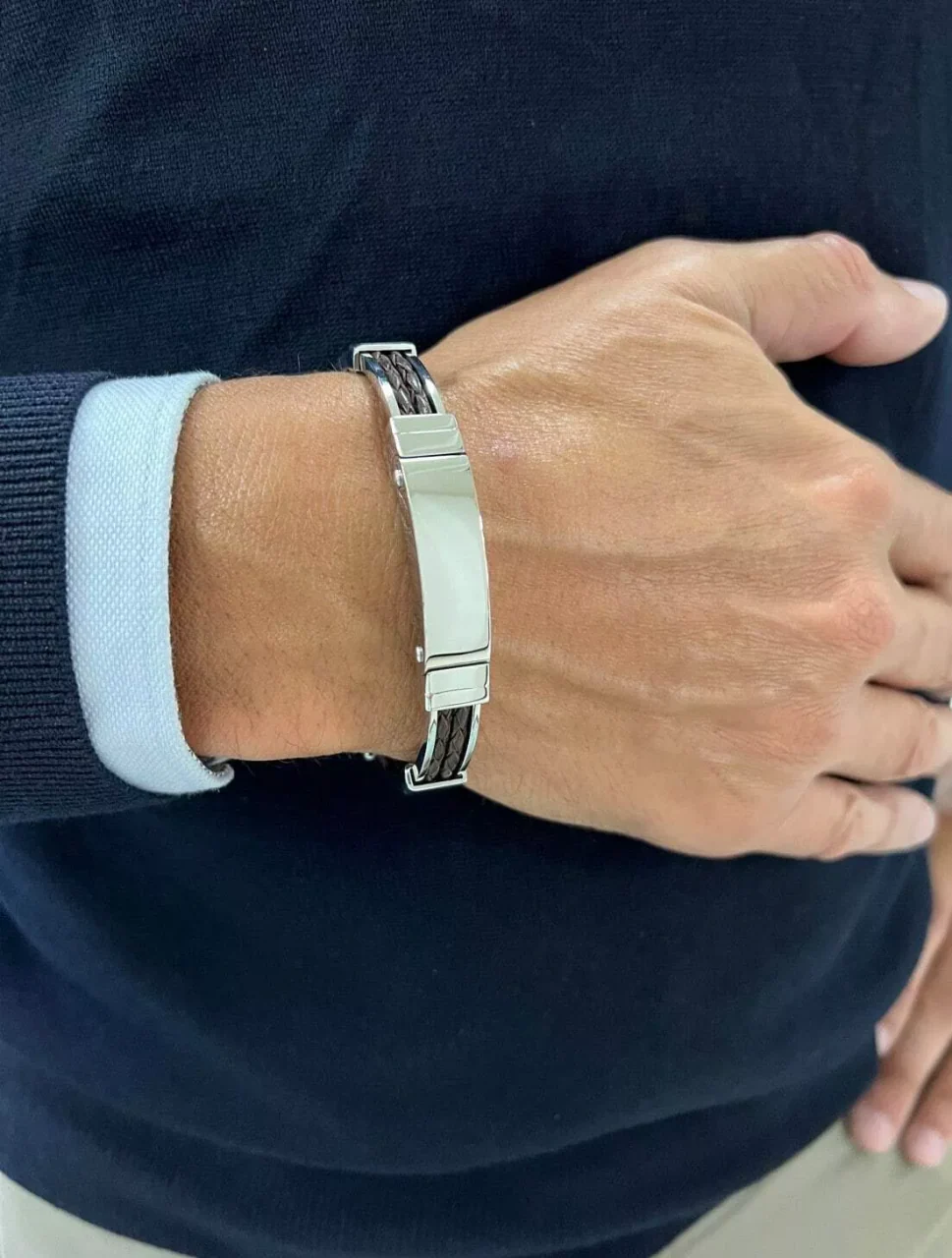 Stainless steel and platted double strand brown leather mens bracelet - Image 6