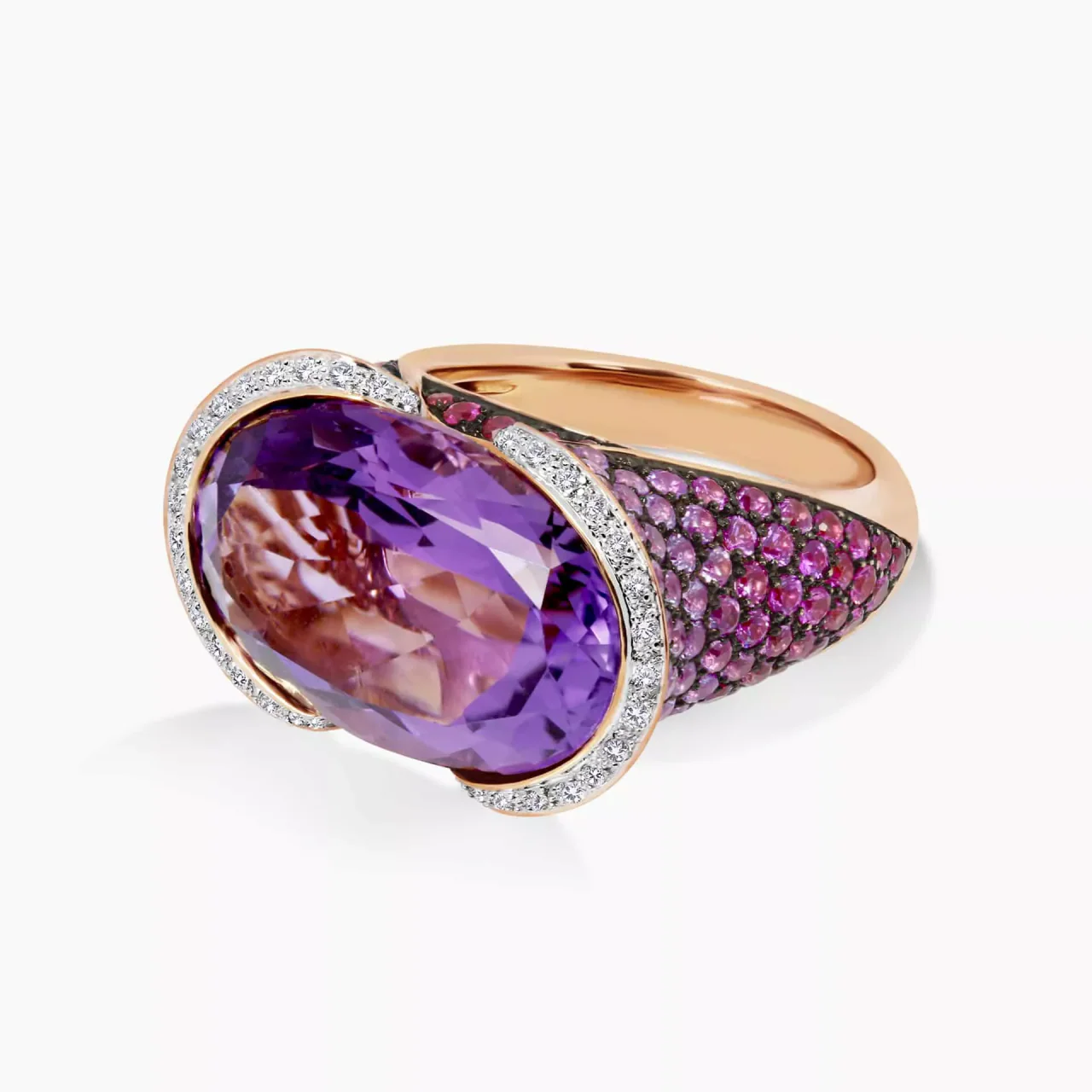 The Bougainvillea ring 18ct Rose Gold Oval Amethyst, round brilliant cut ruby, pink sapphire and diamond ring - Image 3